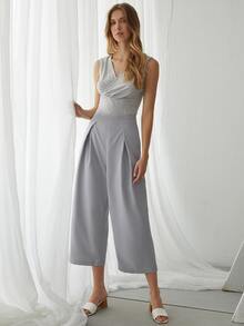 Fold Pleat Wide Leg Cropped Trousers - Light Grey - View 5