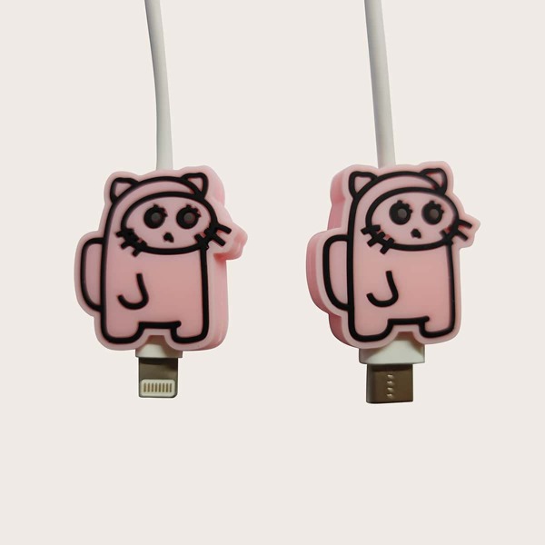 

2pcs Cartoon Cat Design Data Cable Protector, Pink