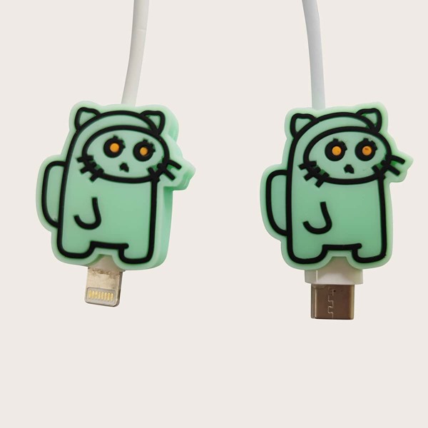 

2pcs Cartoon Cat Design Data Cable Protector, Green