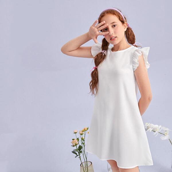 

Teen Girls Keyhole Back Ruffle Armhole Solid Dress, White