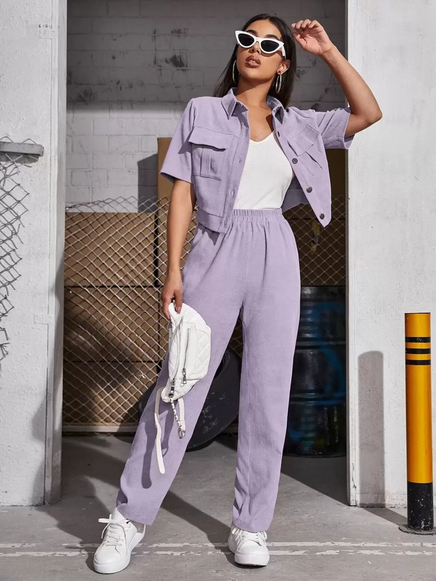 Mulvari 燈芯絨翻蓋口袋襯衫和褲子 - 紫丁香色 - 查看 1