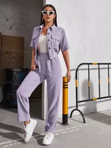 Mulvari 燈芯絨翻蓋口袋襯衫和褲子 - 紫丁香色 - 查看 5