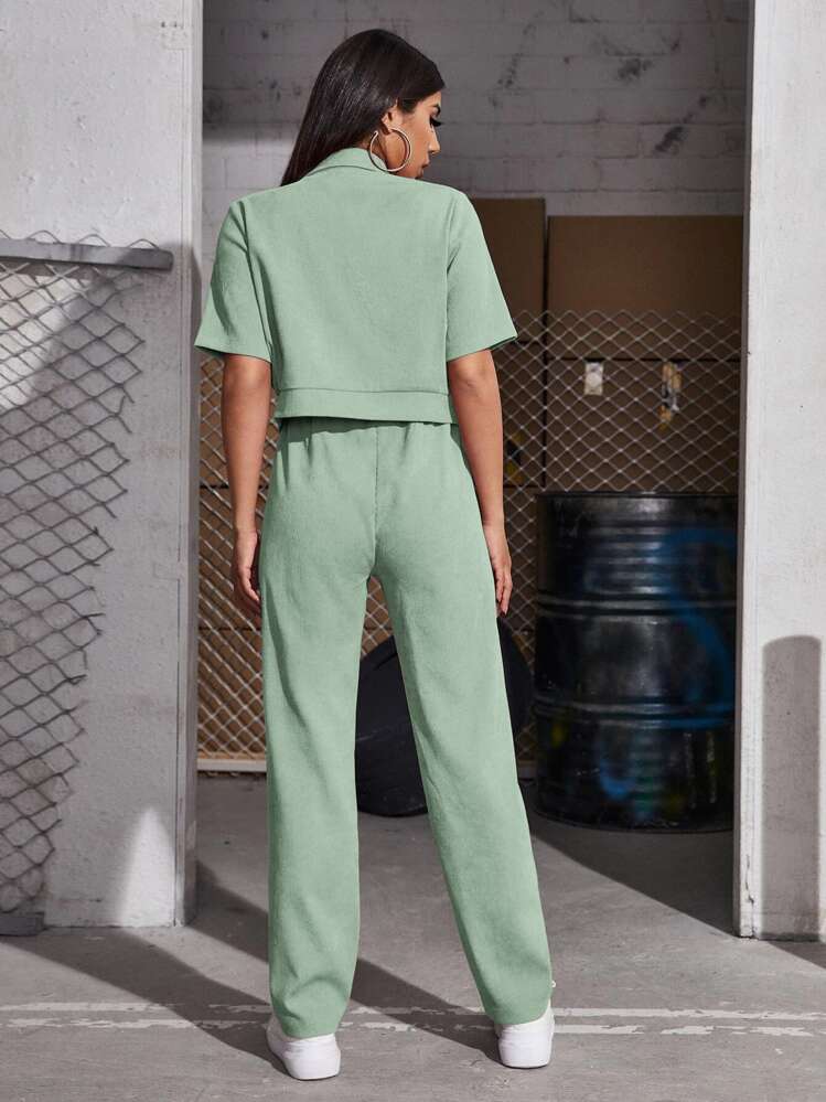 Mulvari 燈芯絨翻蓋口袋襯衫和褲子 - 薄荷綠 - 查看 2