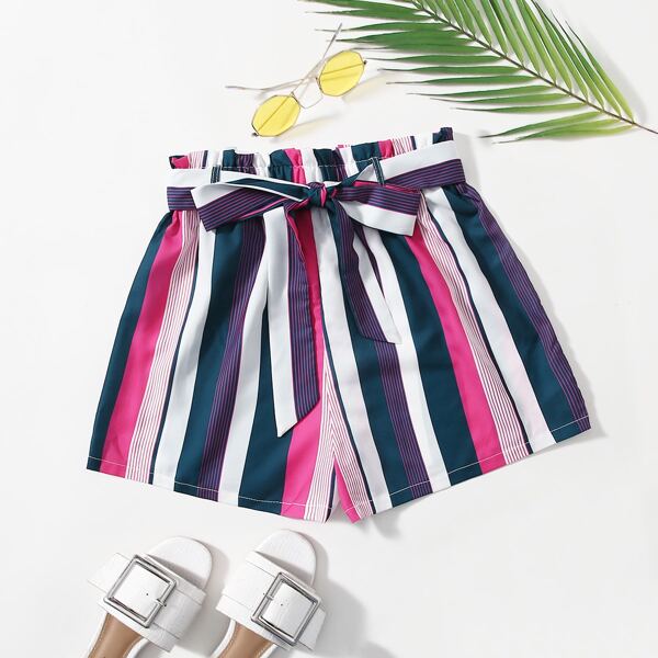 

Paperbag Waist Belted Striped Shorts, Multicolor