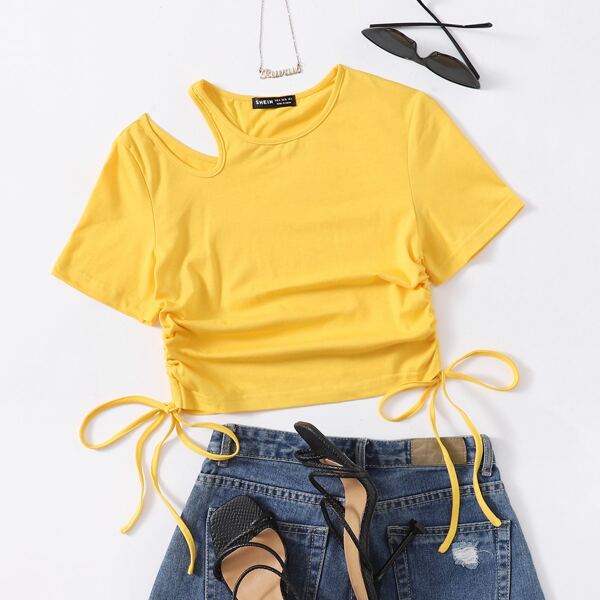 

Cut-out Ruched Drawstring Knot Tee, Yellow