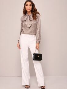 SHEIN 繫帶領點圖案緞面襯衫 - 藕粉色 - 查看 4