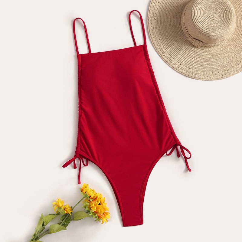 

Solid Drawstring One Piece Swimsuit, Red