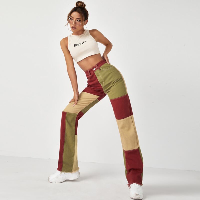 

High Waist Colorblock Raw Hem Jeans, Multicolor
