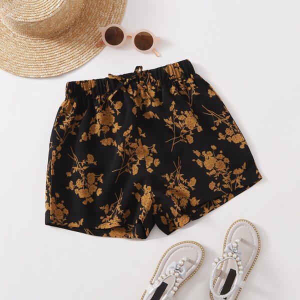 

Girls Floral Elastic Waist Shorts, Black