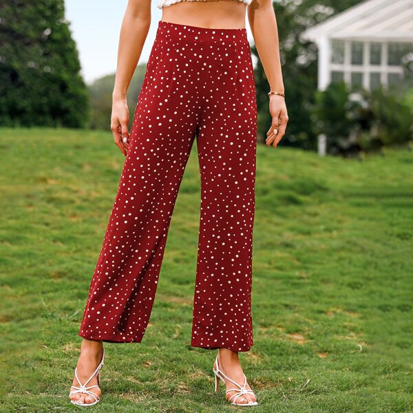 

Polka Dot Wide Leg Pants, Burgundy