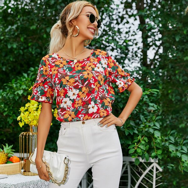 

Allover Floral Flounce Sleeve Blouse, Multicolor