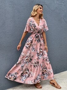 SHEIN Holidaya Surplice Front Floral Print Belted Dress - Dusty Pink - View 1