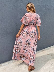 SHEIN Holidaya Surplice Front Floral Print Belted Dress - Dusty Pink - View 2