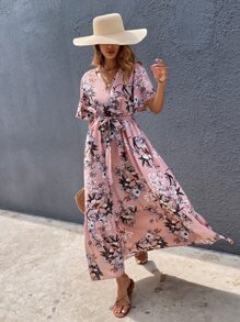 SHEIN Holidaya Surplice Front Floral Print Belted Dress - Dusty Pink - View 3