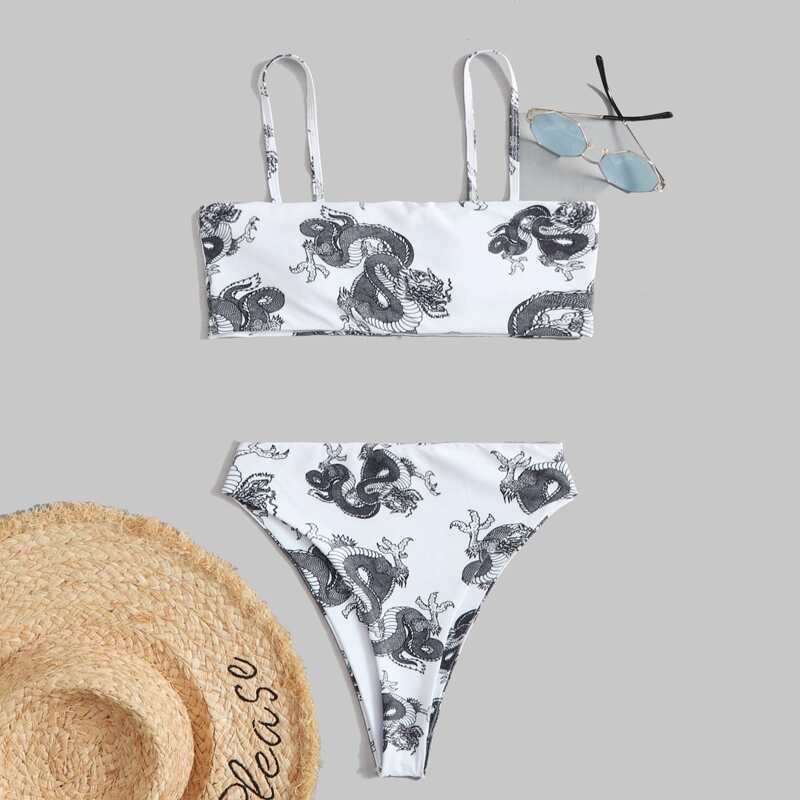 

Dragon Print Bikini Swimsuit, Black and white
