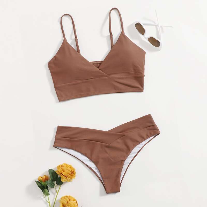 

Solid Wrap Bikini Swimsuit, Coffee brown