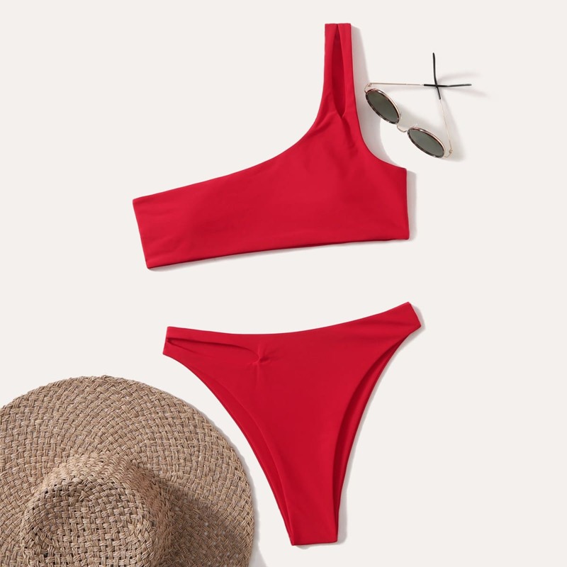 

Solid Cut Out Bikini Swimsuit, Red