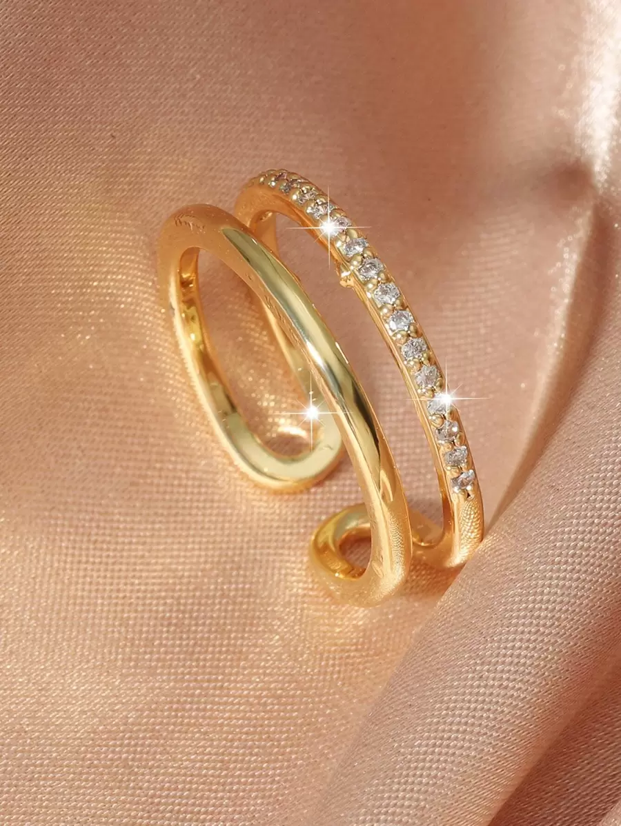 Cubic Zirconia Decor Cuff Ring - Yellow Gold - View 1