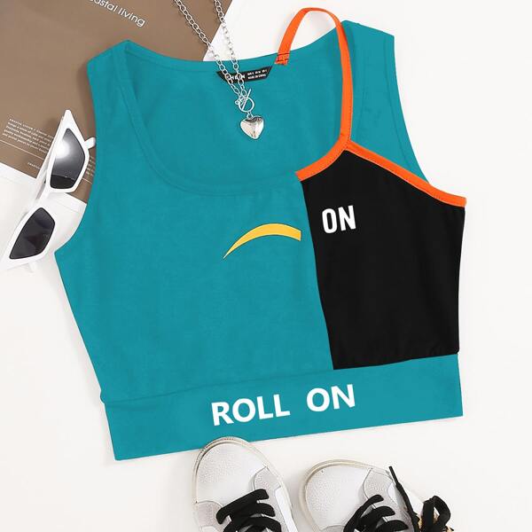 

Letter Graphic Contrast Tape Tank Top, Cadet blue