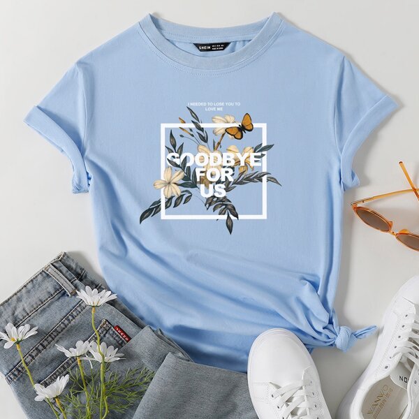 

Floral And Slogan Graphic Tee, Blue
