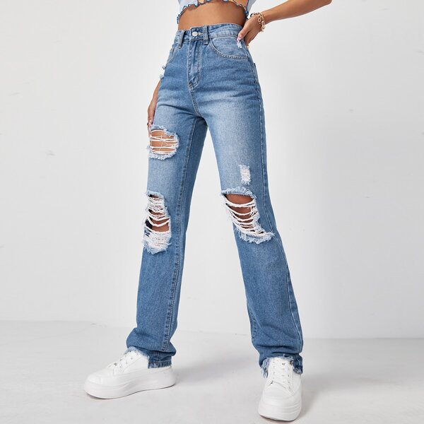 

High Waist Ripped Raw Hem Jeans, Medium wash