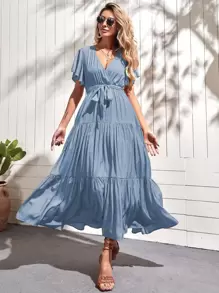 蝴蝶袖荷葉邊下擺腰帶連衣裙 - 霧霾藍 - 查看 1