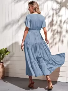 蝴蝶袖荷葉邊下擺腰帶連衣裙 - 霧霾藍 - 查看 2