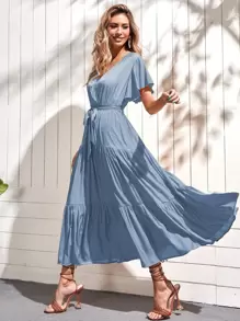 蝴蝶袖荷葉邊下擺腰帶連衣裙 - 霧霾藍 - 查看 3