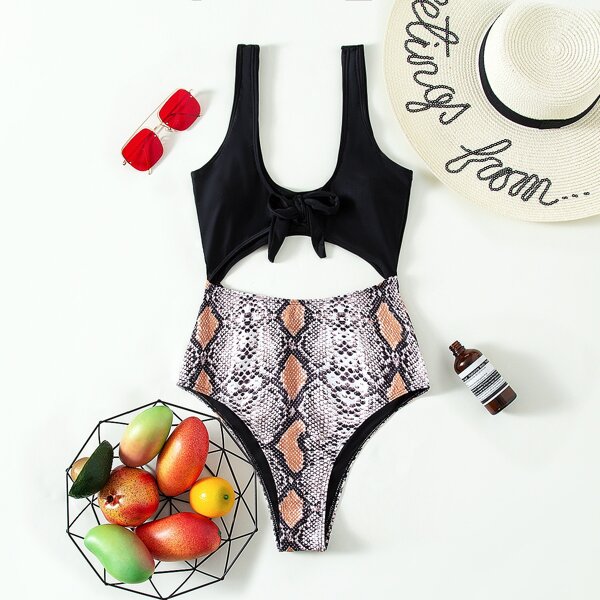 

Snakeskin Cut-out Knot One Piece Swimsuit, Multicolor