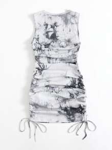 SHEIN EZwear Tie Dye Drawstring Ruched Side Rib-knit Dress