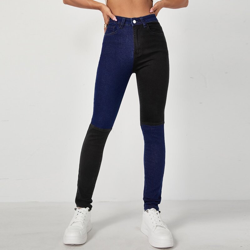 

High Waist Color Block Skinny Jeans, Multicolor