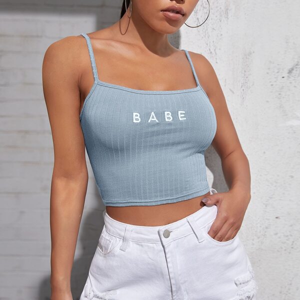 

Letter Embroidery Rib-knit Cami Top, Baby blue