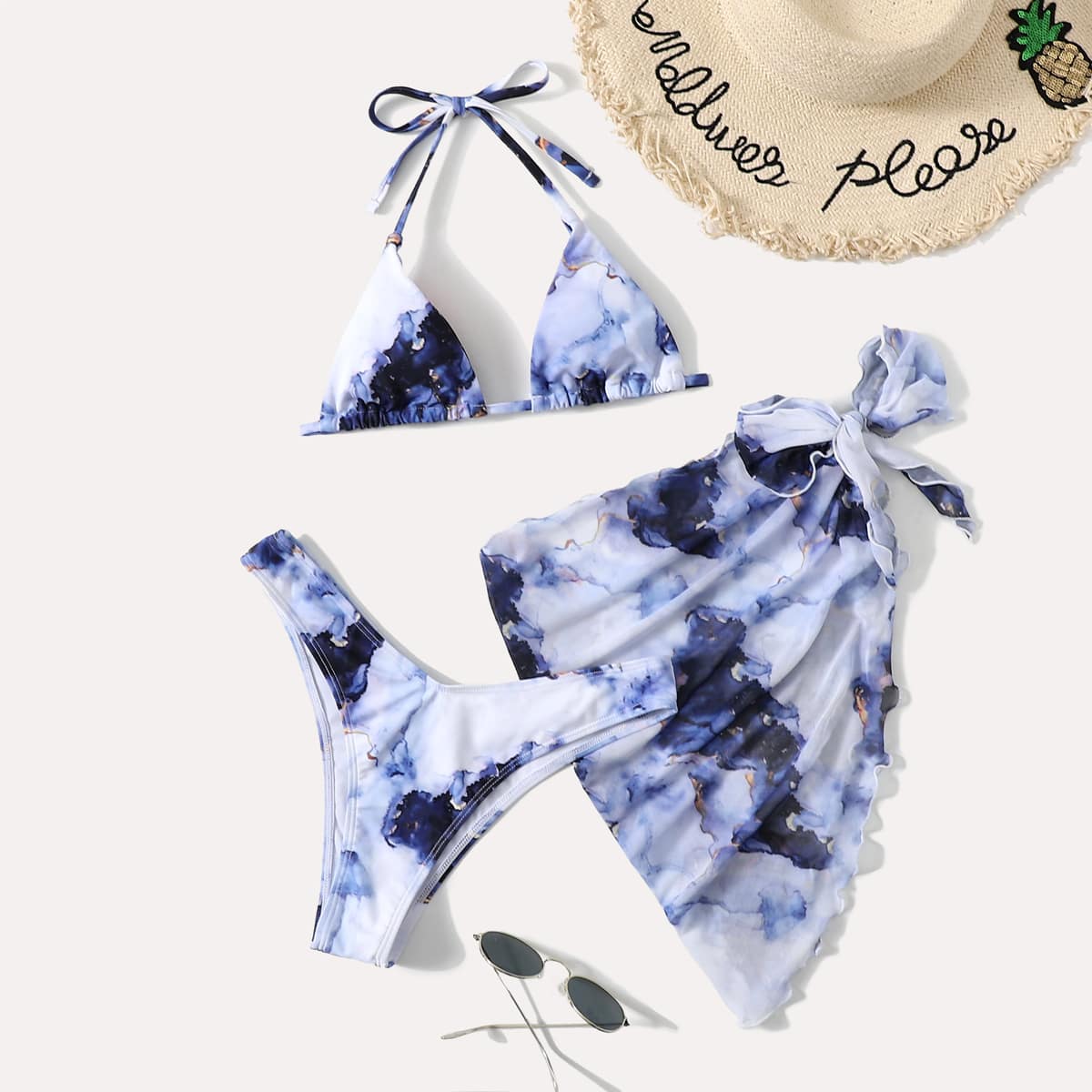 

3pack Marble Bikini Swimsuit With Beach Skirt, Multicolor