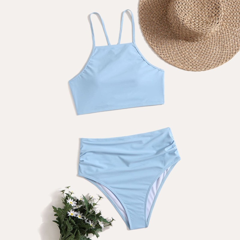 

Solid Ruched Bikini Swimsuit, Baby blue