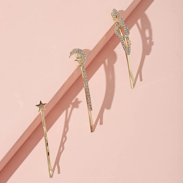 

3pcs Girls Rhinestone Decor Hair Clip, Gold