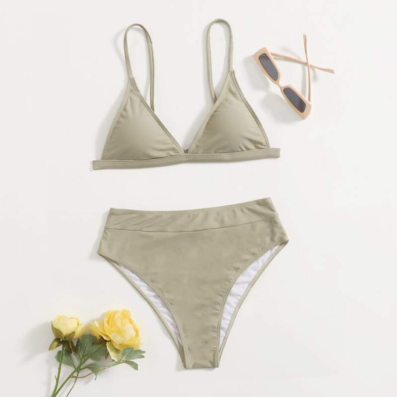 

Solid Triangle Bikini Swimsuit, Beige