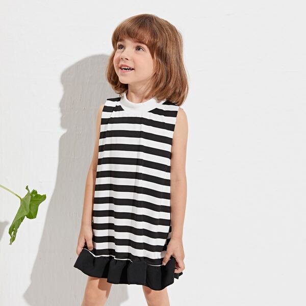 

Toddler Girls Striped Print Mock Neck Bow Back Smock Dress, Black and white
