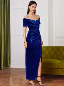 SHEIN Belle Vestido de terciopelo con fruncido cruzado de hombros descubiertos - Azul Marino - Ver 5