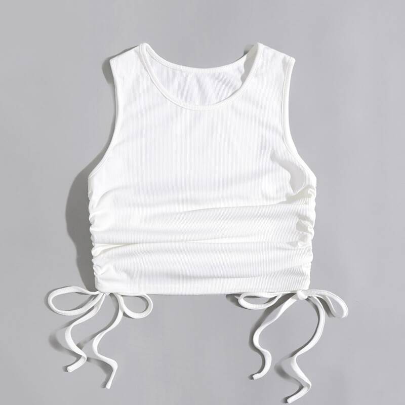 

Solid Drawstring Side Tank Top, White