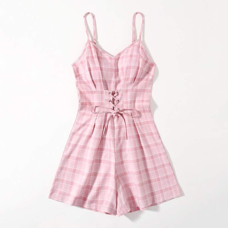 

Plaid Lace Up Cami Romper, Pink