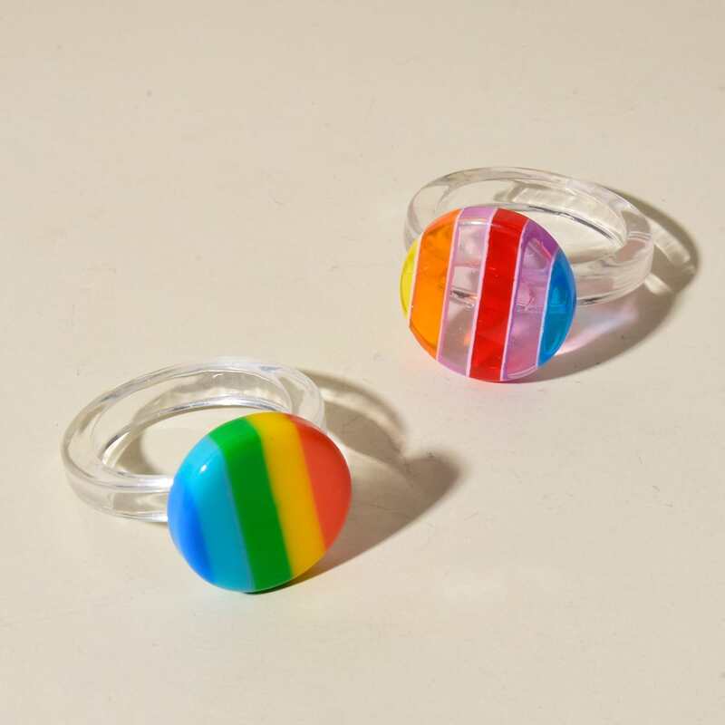 

2pcs Rainbow Coin Ring, Multicolor