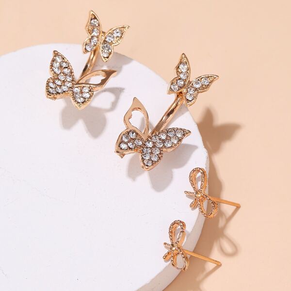 

2pairs Butterfly & Bow Design Earrings, Gold