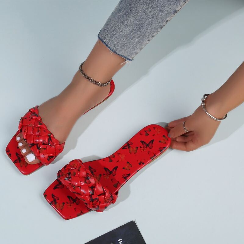 

Butterfly Braided Band Slide Sandals, Red