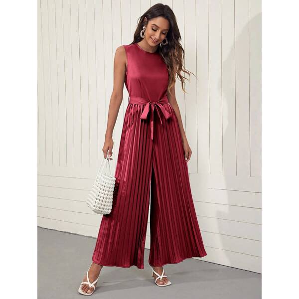 

Solid Pleated Belted Jumpsuit, Burgundy