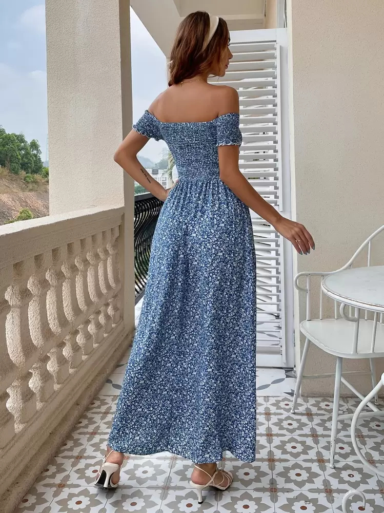SHEIN Holidaya Babado Florzinhas Boho Vestido - Azul - Visão 2