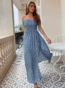 Breezaya 露肩打褶上身M形開衩小碎花連衣裙 - 藍色 - 查看 5