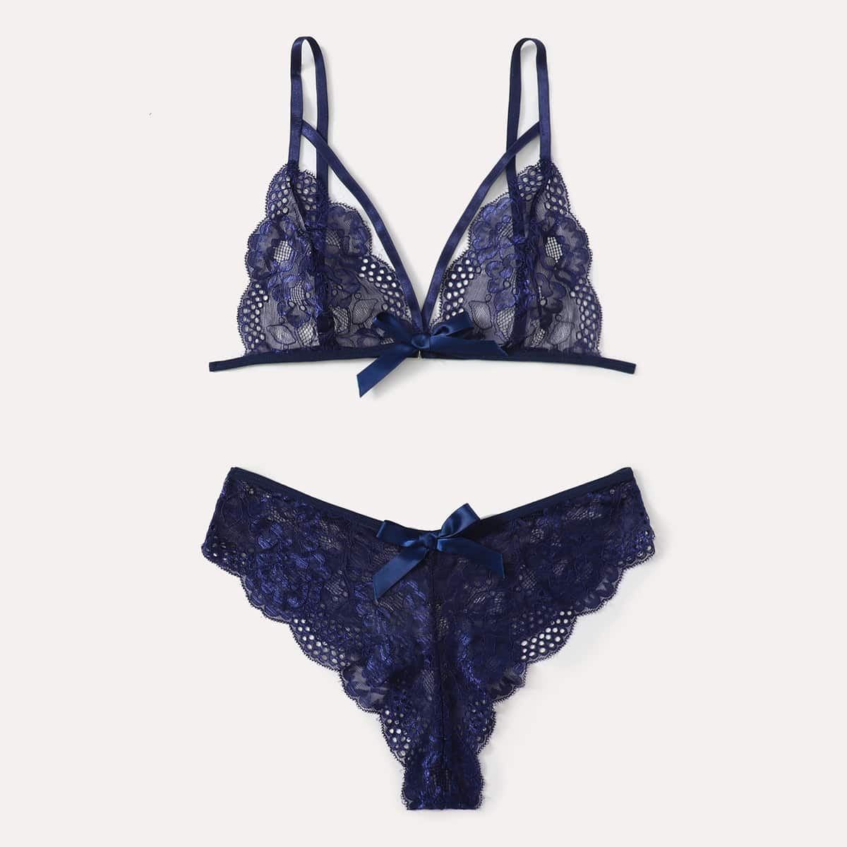 

Scallop Trim Lace Lingerie Set, Navy blue