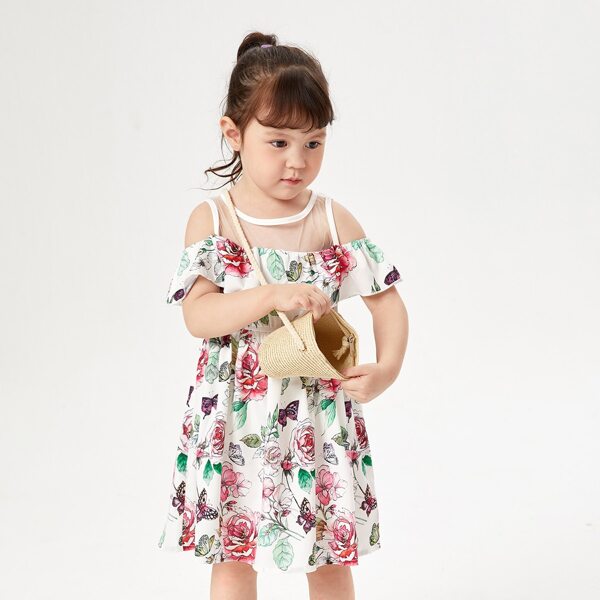 

Toddler Girls Floral Cold Shoulder Mesh Yoke Dress, Multicolor