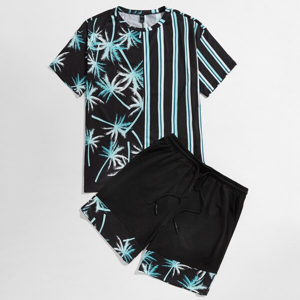 

Men Tropical and Striped Print Spliced Tee & Shorts Set, Multicolor