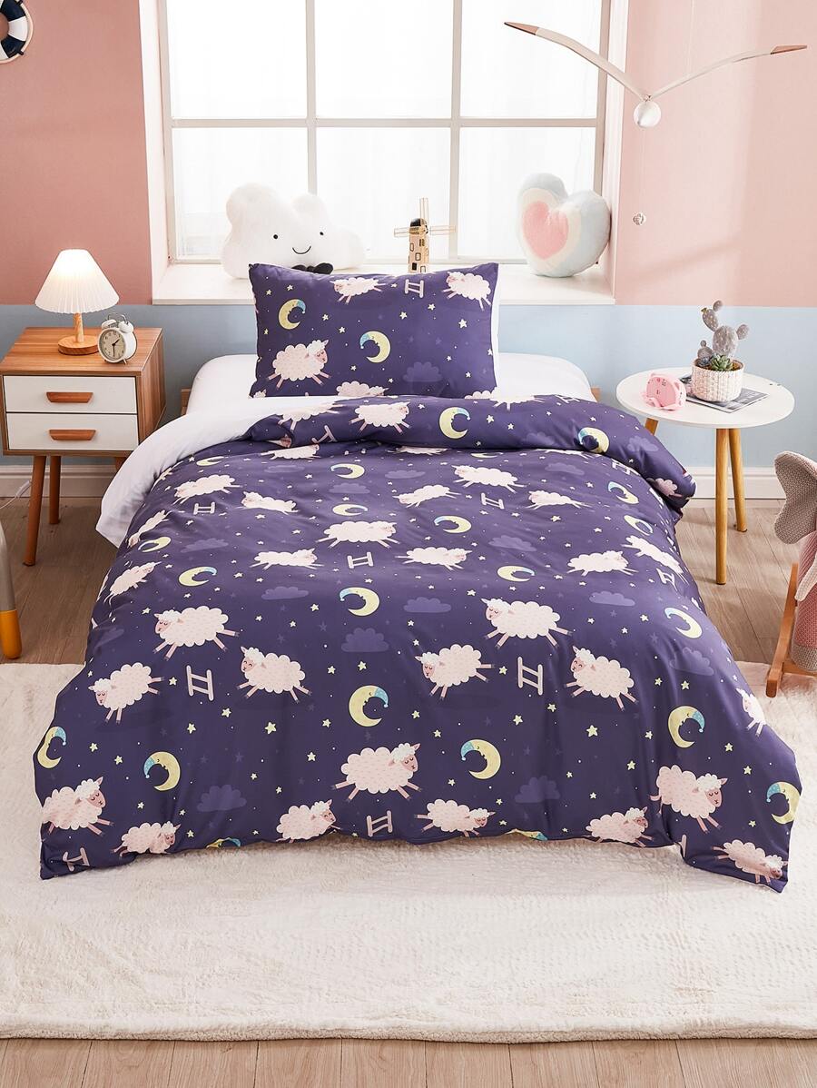 Kids Sheep Print Duvet Cover Set Without Filler - Blue - View 1